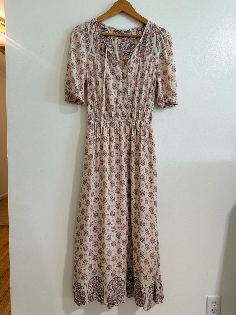 Lucky Brand Pink Cream Floral Paisley Peasant Midi Dress XS